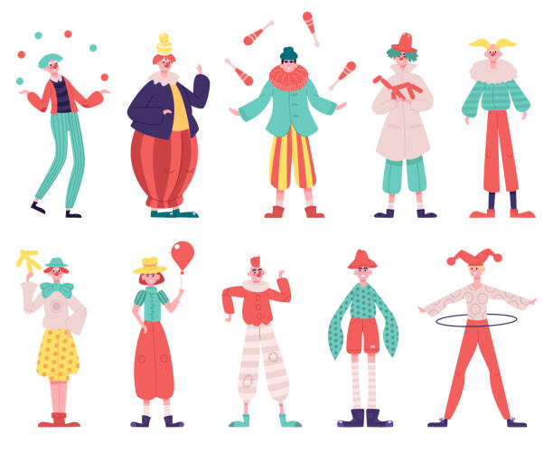 Clowns characters. Circus funny clowns with red nose and circus costume juggling and do tricks vector illustration set. Funny circus clowns Clowns characters. Circus funny clowns with red nose and circus costume juggling and do tricks vector illustration set. Funny circus clowns with balloons and hoop, entertainment event cartoon joker stock illustrations