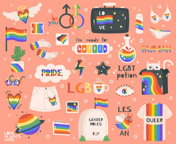 netter stolz symbole. hand gezeichnet lgbtq stolz regenbogen, friedenszeichen und flagge, stolz monat symbole und schriftzug. lgbtq elemente vektor-illustration-set - gay pride flag illustrations stock-grafiken, -clipart, -cartoons und -symbole