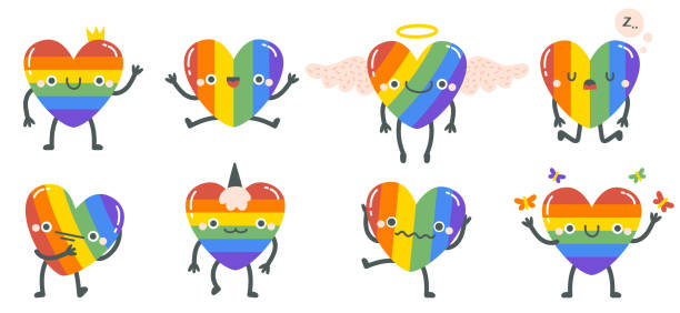 귀여운 무지개 마음. 행복 미소 lgbtq 무지개 심장 문자, 게이 프라이드 무지개 심장 마스코트. 손으로 그린 lgbt 하트 이모티콘 벡터 일러스트레이션 세트 - heart shape gay pride gay pride flag lesbian stock illustrations
