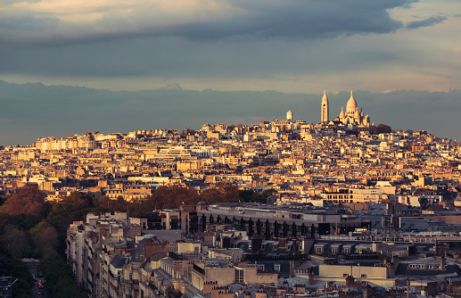 Panoramic view of Paris with Sacre-Coeur Basilica in Montmartre district.