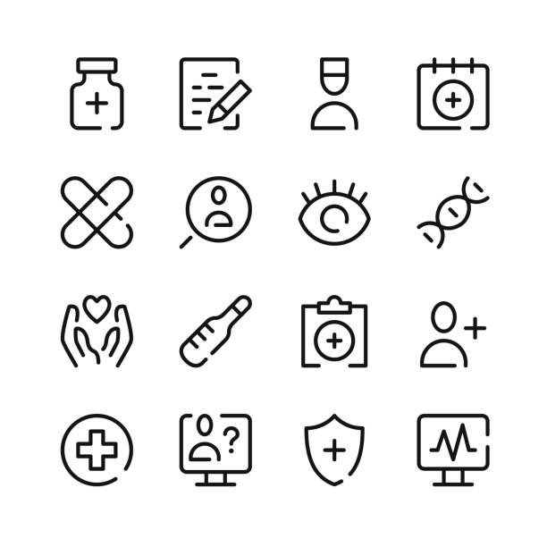 Medicine icons. Vector line icons. Simple outline symbols set Medicine icons. Vector line icons. Simple outline symbols set eye doctor and patient stock illustrations
