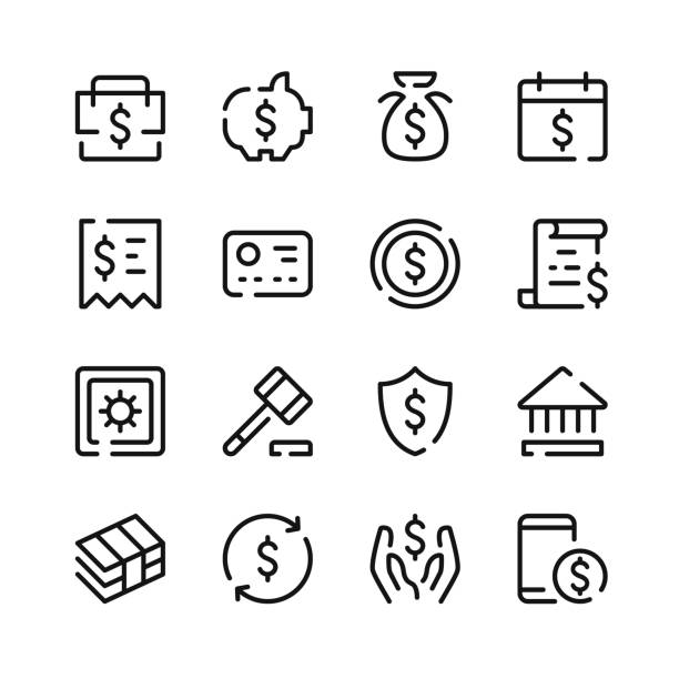 은행 계좌 아이콘입니다. 벡터 선 아이콘입니다. 간단한 윤곽선 기호 세트 - money bag symbol check banking stock illustrations