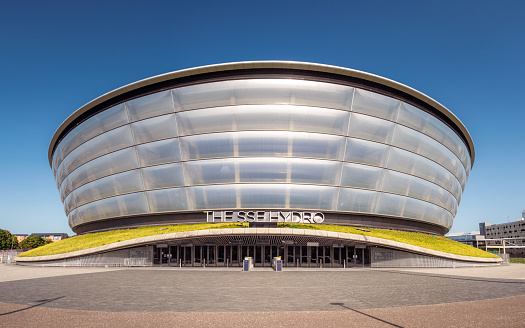 Glasgow, Scotland - Front view of the main entrance doors to the SSE Hydro indoor arena, one of the main buildings in the Scottish Events Campus.