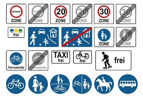 Traffic signs set. Special routes, traffic-calmed zones and environmental zones. German text: Environment, free, taxi, Fahradstrasse, Zone. Vector file