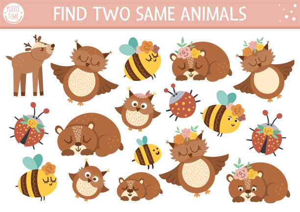 ilustrações de stock, clip art, desenhos animados e ícones de find two same animals. mothers day matching activity for children. funny spring educational logical quiz worksheet for kids. simple printable game with cute baby animals and their mothers - 4404