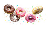 Flying donuts isolated on a white background.
