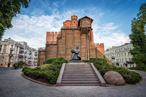 Kiev, Ukraine - August 10, 2019: Golden Gate and Yaroslav the Wise statue - Kiev, Ukraine
