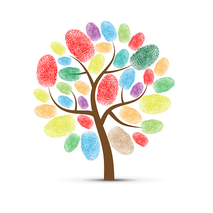 Abstract tree symbol with different color fingerprints isolated on white background