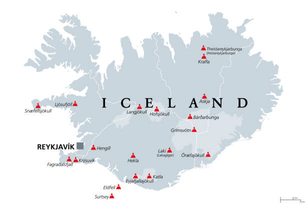 wulkany islandii, które wybuchły od czasu ludzkiej osady, mapa polityczna - iceland stock illustrations