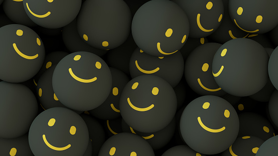 3d rendering of emoji with smiley face. large group of objects.