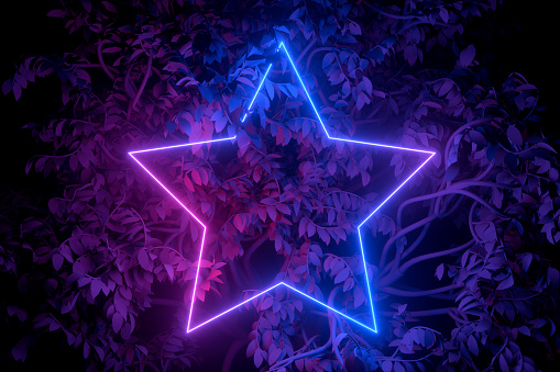 3d rendering of abstract background with ultraviolet neon lights, empty frame, glowing lines with tree. Purple, blue and pink colors.