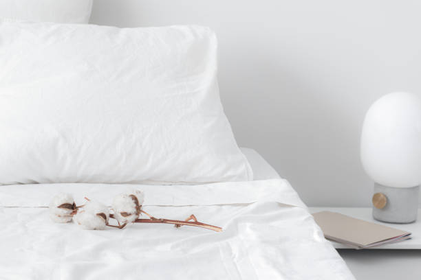 Hotel Bed with a Cotton Branch on Duvet
