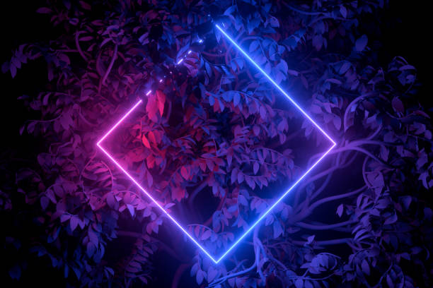 istock Neon lightning empty frame, glowing tunnel door with tree, abstract background 1308295296