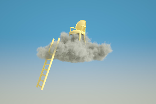 3d rendering of Chair, Staircase and cloud. Success, steps, ladder of success concept. Self Isolation.