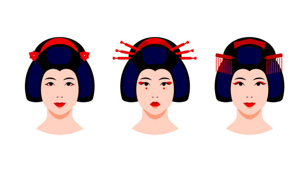 zestaw gejszy - portret japońskich gejszy kobiet o różnym makijażu, fryzurze, spinkach do włosów. zbliżenie kobiecej twarzy. koncepcja kultury japońskiej, tradycyjna odzież. wektor nowoczesny zestaw awatara, ikony. - geisha kabuki japan japanese culture stock illustrations