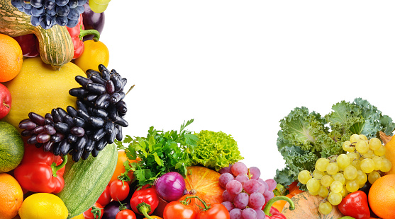 fruits and vegetables isolated on white background. Free space for text.