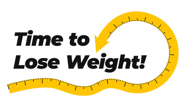 ilustrações, clipart, desenhos animados e ícones de hora do texto para perder peso e redemoinhos de fita métrica com seta - de dieta