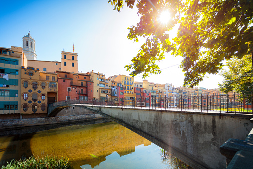 Footbridge over Onyar river in Girona old town, Catalonia, Spain