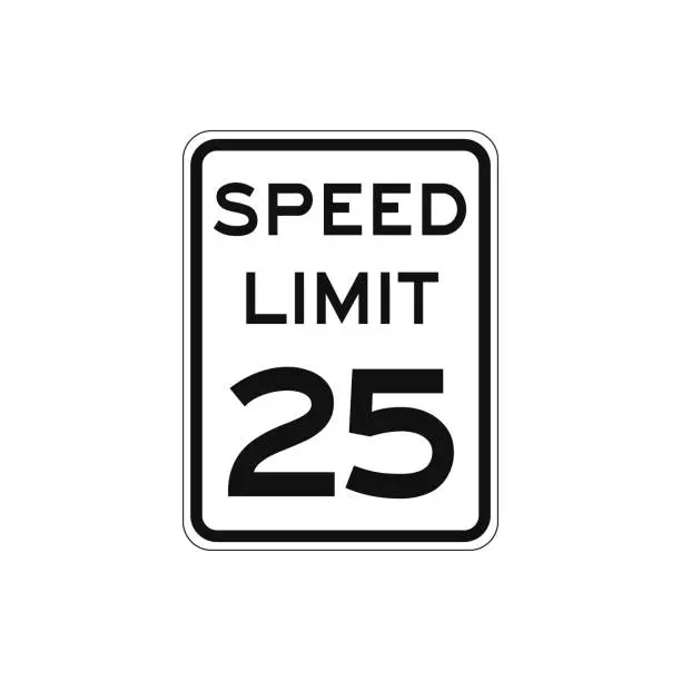 Vector illustration of Rectangular traffic signal with white background and text in black, isolated on white background. Speed limit to twenty five