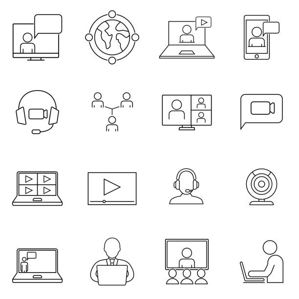 ilustrações de stock, clip art, desenhos animados e ícones de video conference icons set. collection of linear simple web icons such video сommunication with people at a distance using devices. sign for web page, mobile app, button, logo. - youtube video web page internet