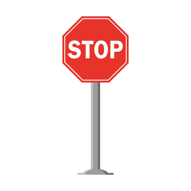 istock Octagonal traffic signal in red with text on white, with stick and isolated on white background. Mandatory Stop. Text in english 1308300623