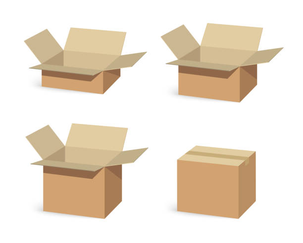 zamknięte i otwarte pudełko do pakowania kartonowego w celu recyklingu. izometryczne brązowe kartonowe pudełka do dostawy otwarte i zamknięte. zestaw pustych skrzynek do przechowywania izolowanych na białym tle. - cardboard box white background paper closed stock illustrations