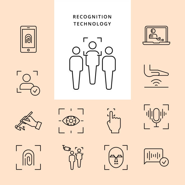 Security Icon Set Set of line icons - biometric authorization, identification and verification symbols. Fingerprint recognition, eye and palm scanning, face and voice authentication. Vector illustration isolated face scan stock illustrations