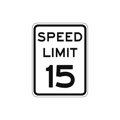 Rectangular traffic signal with white background and text in black, isolated on white background. Speed limit to fifteen