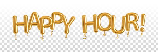 istock Vector realistic isolated golden balloons text of Happy Hour for invitation on the transparent background. Concept of free drinks. 1308301786