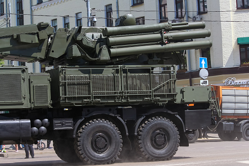Russia, Moscow - June 24, 2020: Moscow Victory Day Parade. Russian Pantsir-S1 missile system (NATO reporting name: SA-22 Greyhound) drives down Krasnaya Presnya street next to the Moscow Zoo.