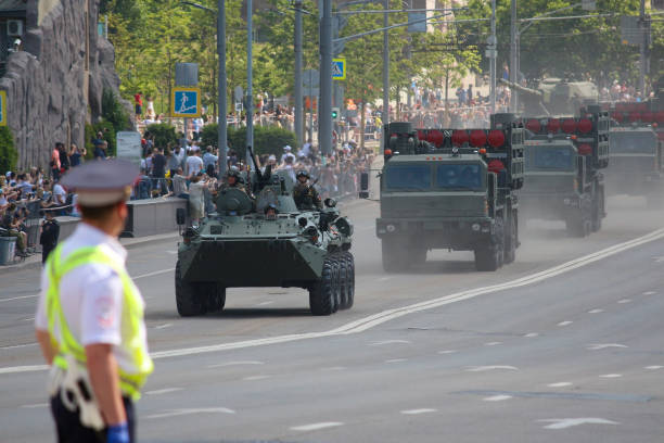 Russia, Moscow - June 24, 2020: Moscow Victory Day Parade. Russian S-350E Vityaz 50R6 mobile medium-range surface-to-air missile system on wheeled chassis drives down Krasnaya Presnya street.