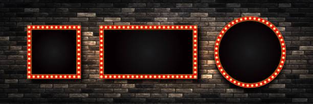 ilustrações de stock, clip art, desenhos animados e ícones de vector set of realistic isolated retro marquee billboard with electric light lamps for invitation on the wall background. concept of vintage decoration. - lightbox