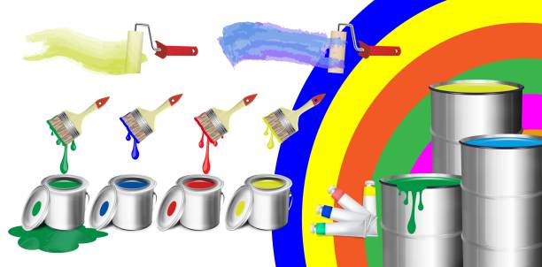 istock Realistic set of paint tools - metal paint cans with red and blue color, bristle brush, roller brush. 1308304050
