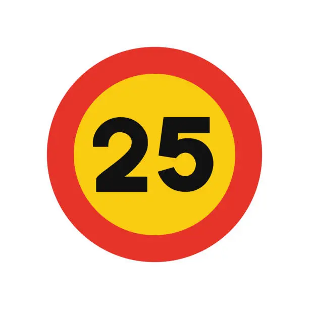 Vector illustration of Rounded traffic signal in yellow and red, isolated on white background. Temporary speed limit of twenty five