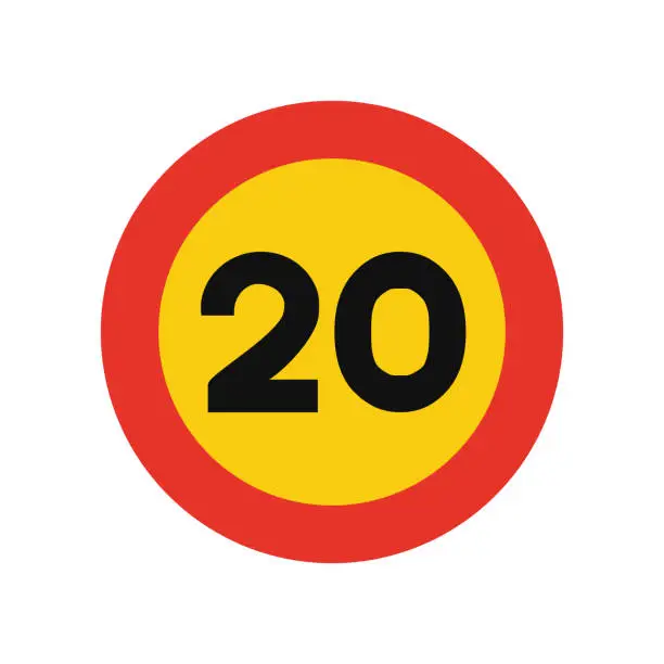 Vector illustration of Rounded traffic signal in yellow and red, isolated on white background. Temporary speed limit of twenty