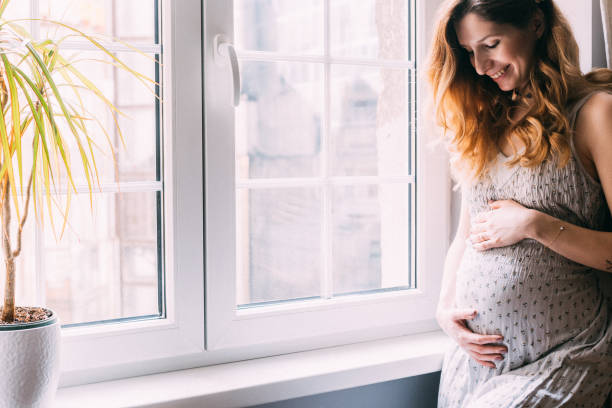 portret pięknej smilling kobiety w ciąży - window human pregnancy home interior women zdjęcia i obrazy z banku zdjęć