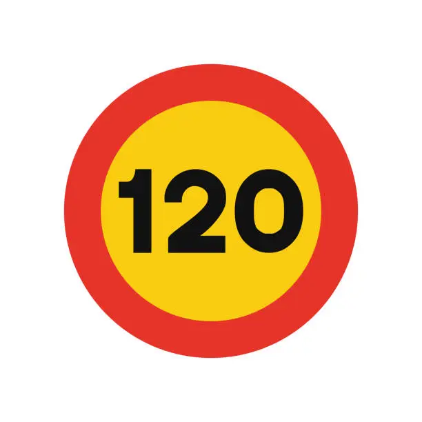 Vector illustration of Rounded traffic signal in yellow and red, isolated on white background. Temporary speed limit of one hundred and twenty