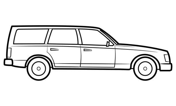 illustrazioni stock, clip art, cartoni animati e icone di tendenza di illustrazione auto combi - semplice contorno line art del veicolo. - station wagon