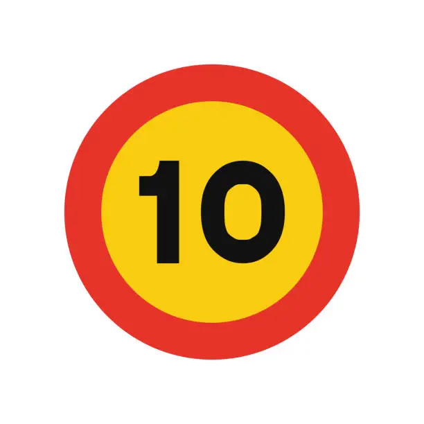 Vector illustration of Rounded traffic signal in yellow and red, isolated on white background. Temporary speed limit of ten