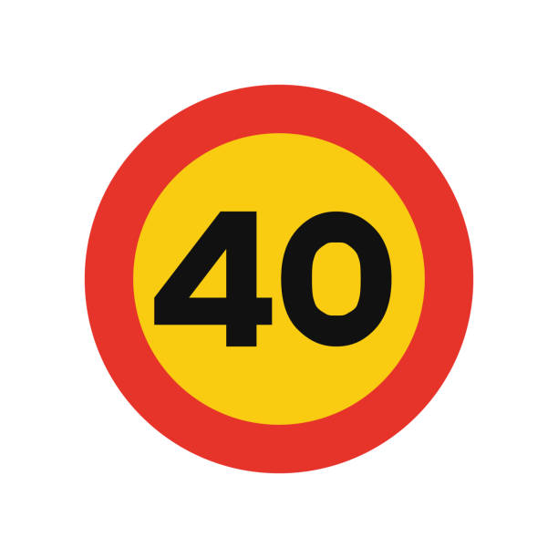 ilustraciones, imágenes clip art, dibujos animados e iconos de stock de señal de tráfico redondeada en amarillo y rojo, aislado sobre fondo blanco. límite de velocidad temporal de cuarenta - number 40