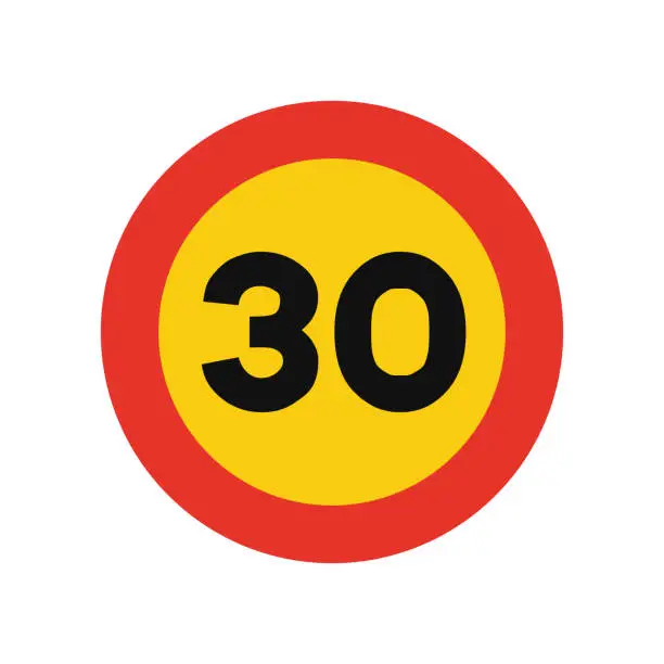 Vector illustration of Rounded traffic signal in yellow and red, isolated on white background. Temporary speed limit of thirty