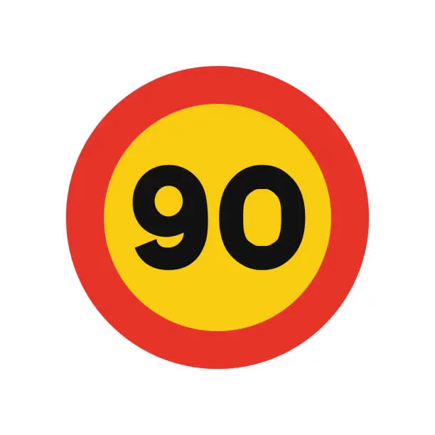 Vector illustration of Rounded traffic signal in yellow and red, isolated on white background. Temporary speed limit of ninety