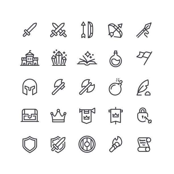 Medieval Line Icons Editable Stroke Set of medieval line vector icons. Editable stroke. spear icon stock illustrations