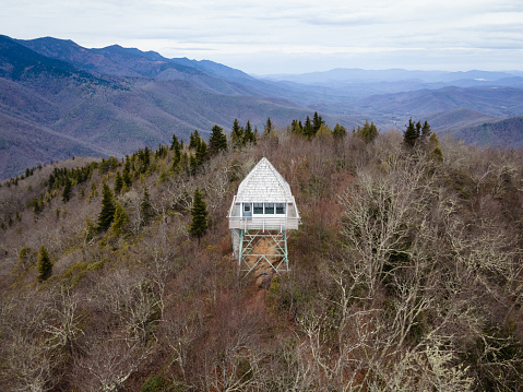 Aerial view of the Green Knob Fire Tower in the mountains of western North Carolina.