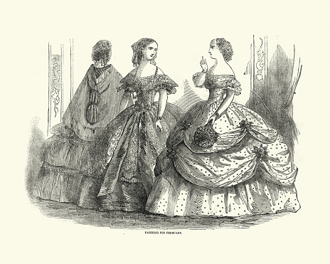 Vintage illustration of Victorian womens fashions, 1850s, 19th Century