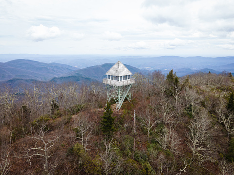 Aerial view of the Green Knob Fire Tower in the mountains of western North Carolina.