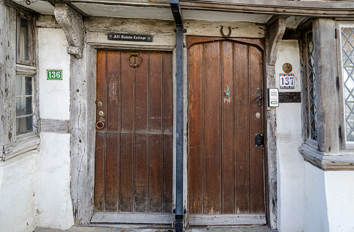 May 2015, Hastings, East Sussex, UK -  Ancient wooden doors in the old town of Hastings, East Sussex, UK