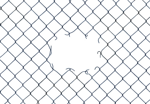 Framing Image Of A Hole In A Chain-Link  Fence On A White Background