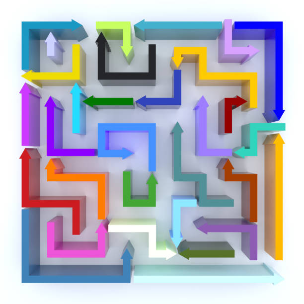 istock An Elevated view of Multi Colored Arrows Maze. 3D Rendering 1308312045