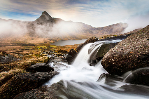Misty morning above Llyn Ogwen in Snowdonia national park, Wales
